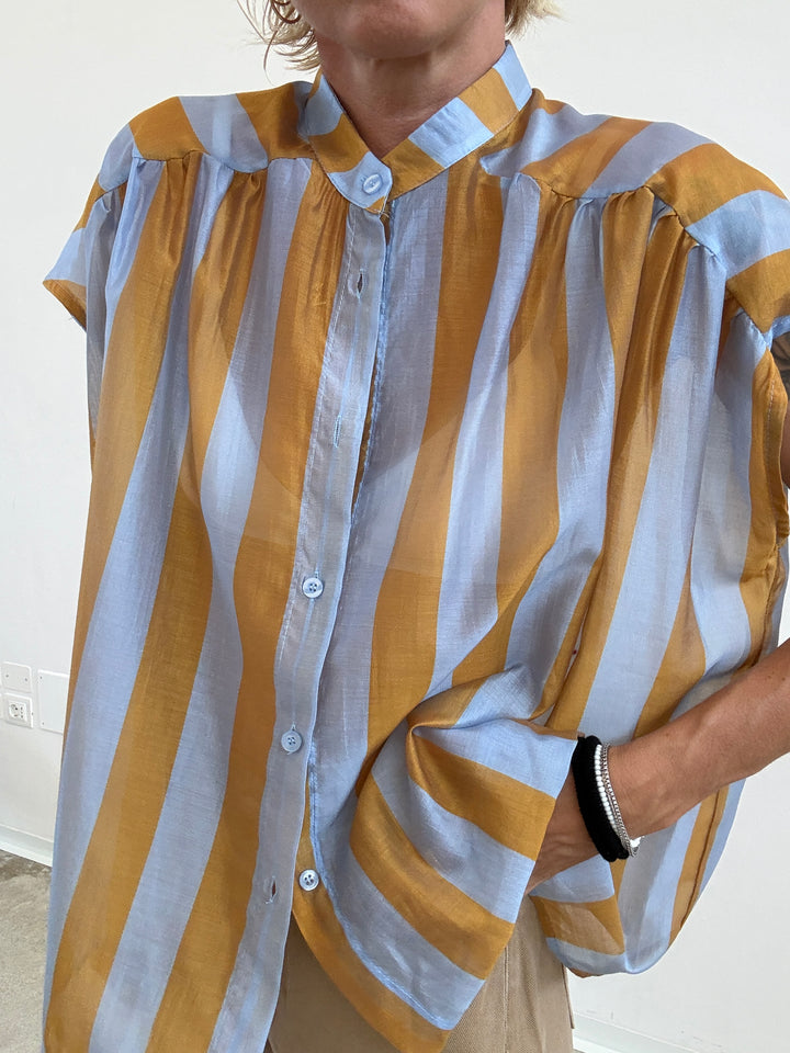 CAMICIA GIROMANICA RIGHE ORO/CELESTE