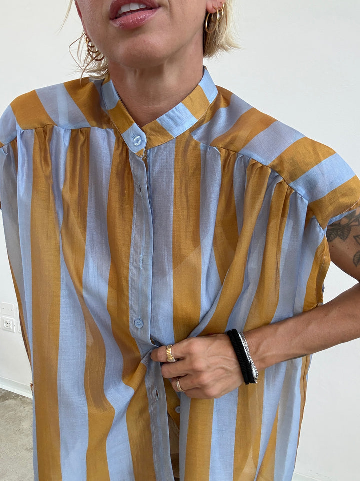 CAMICIA GIROMANICA RIGHE ORO/CELESTE