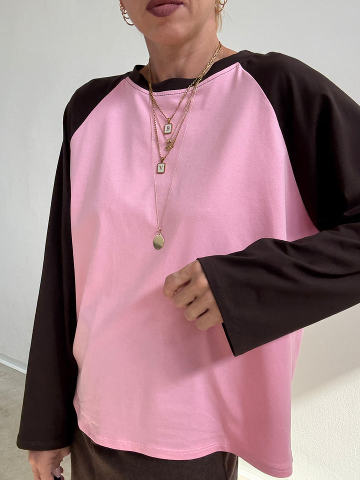 TSHIRT BASEBALL BICOLORE FRAGOLA/CIOCCO