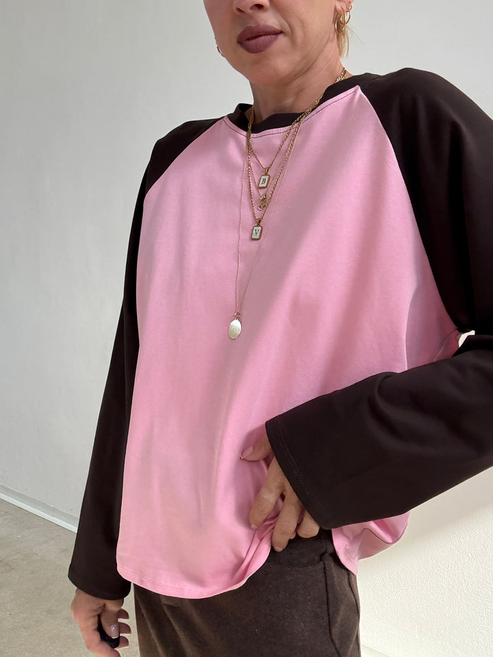 TSHIRT BASEBALL BICOLORE FRAGOLA/CIOCCO