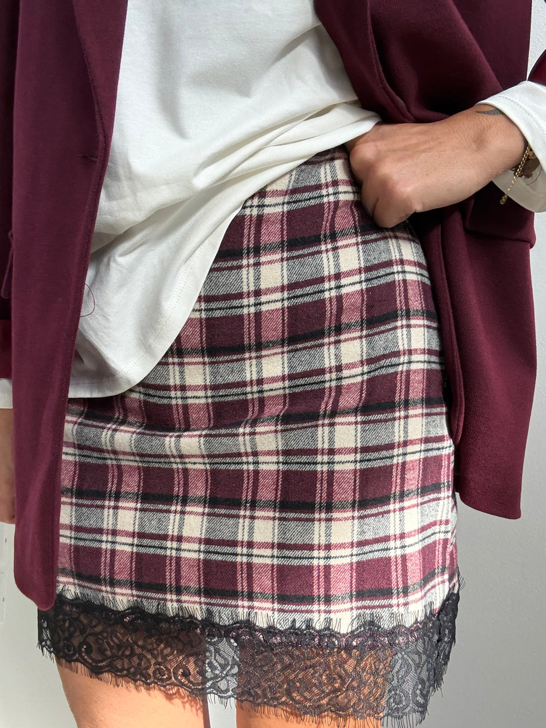 GONNA TARTAN E PIZZO BORDEAUX
