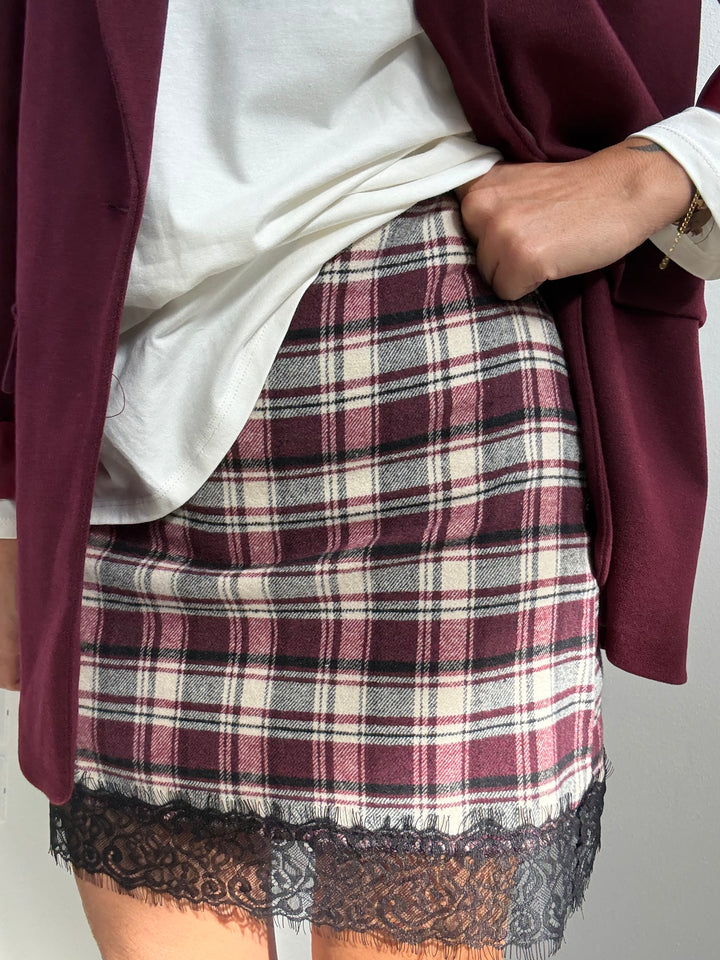 GONNA TARTAN E PIZZO BORDEAUX