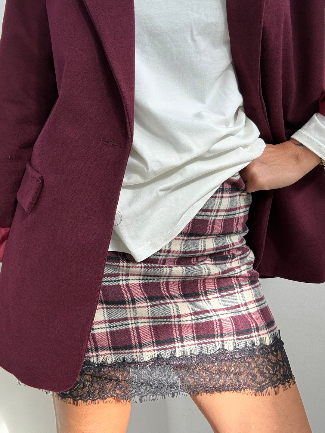 GONNA TARTAN E PIZZO BORDEAUX