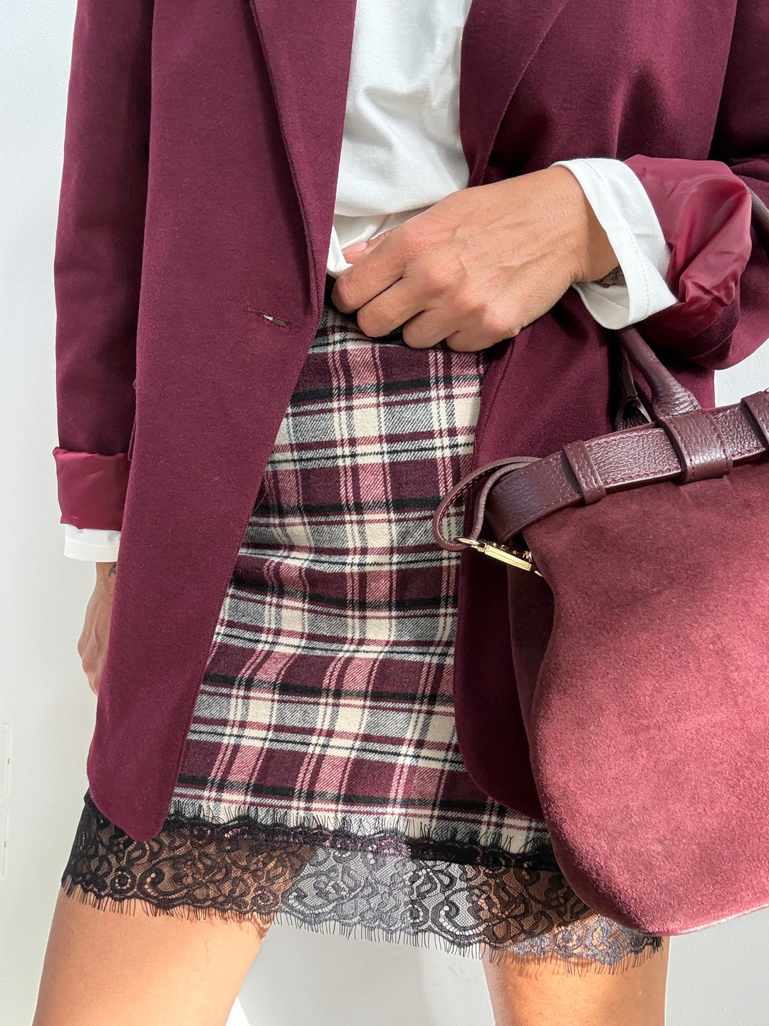 GONNA TARTAN E PIZZO BORDEAUX
