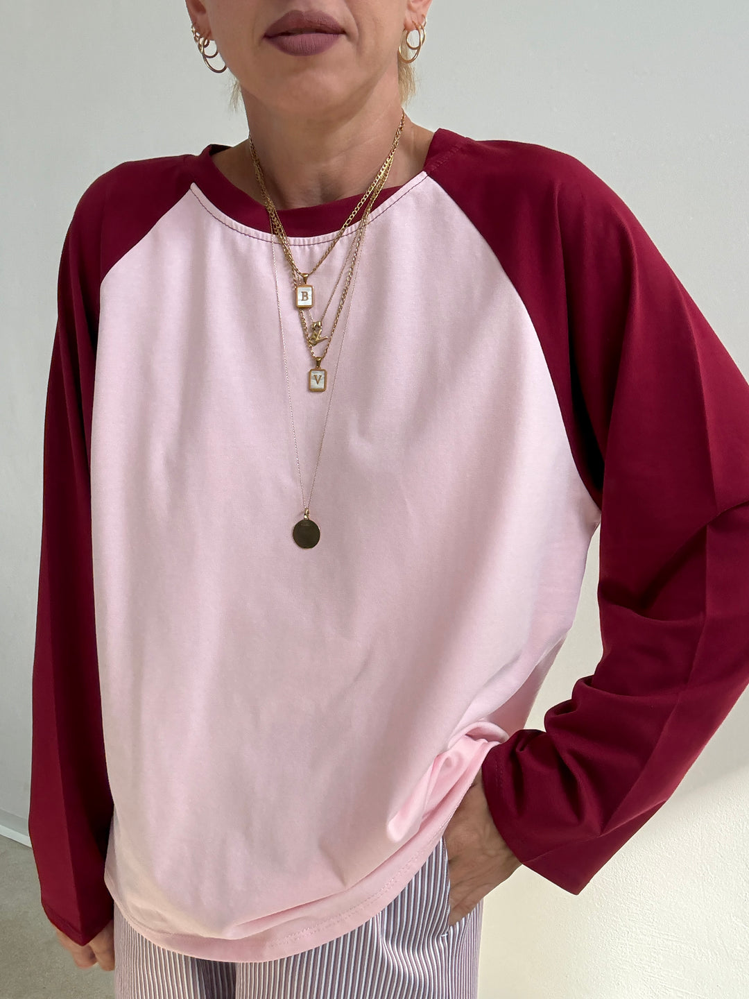 TSHIRT BASEBALL BICOLORE LAMPONE/ROSA