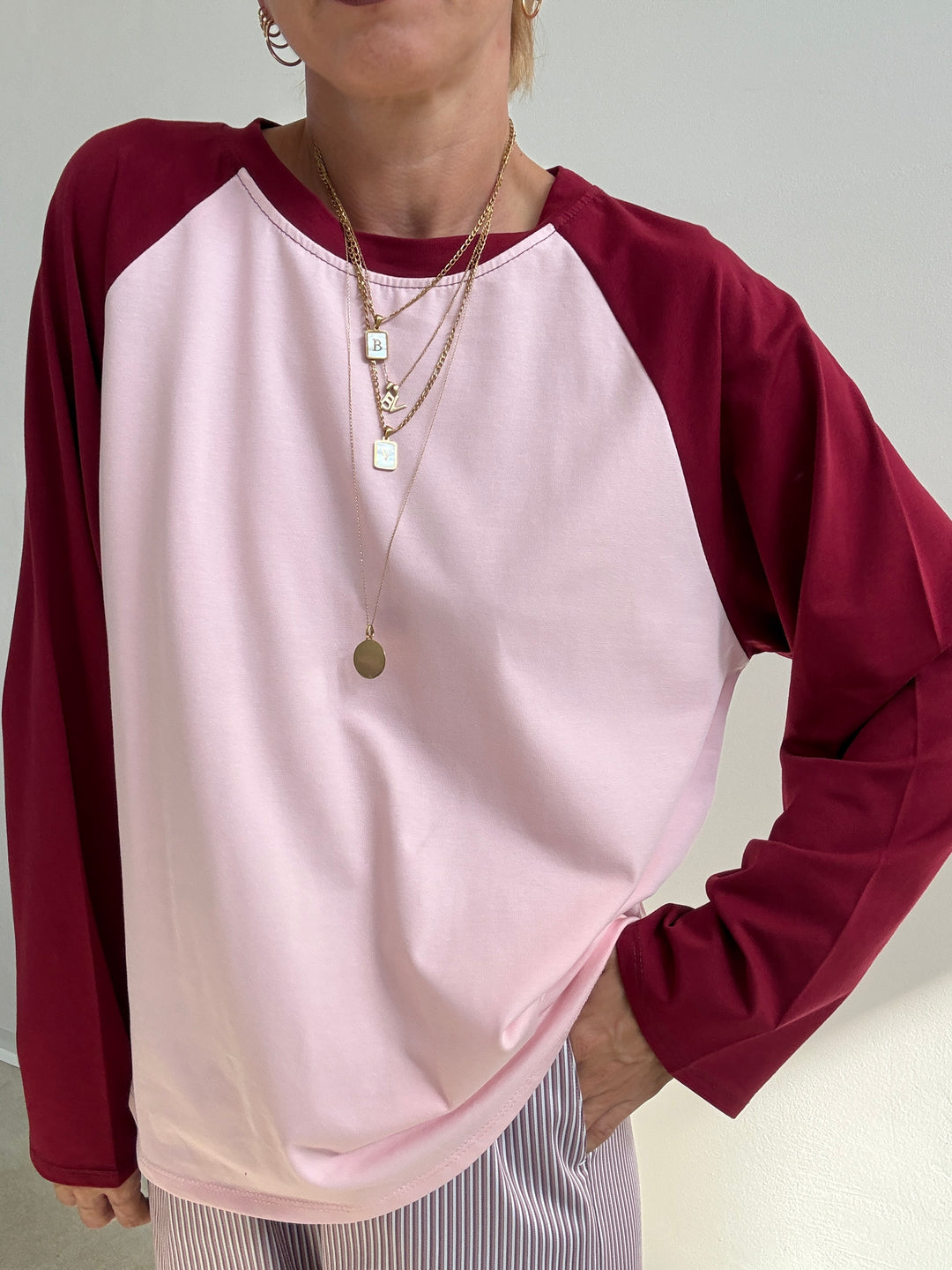 TSHIRT BASEBALL BICOLORE LAMPONE/ROSA