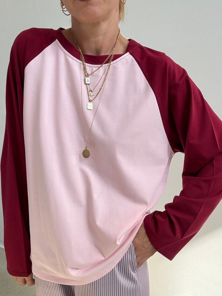 TSHIRT BASEBALL BICOLORE LAMPONE/ROSA