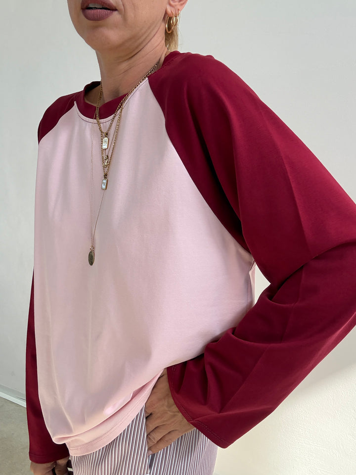 TSHIRT BASEBALL BICOLORE LAMPONE/ROSA