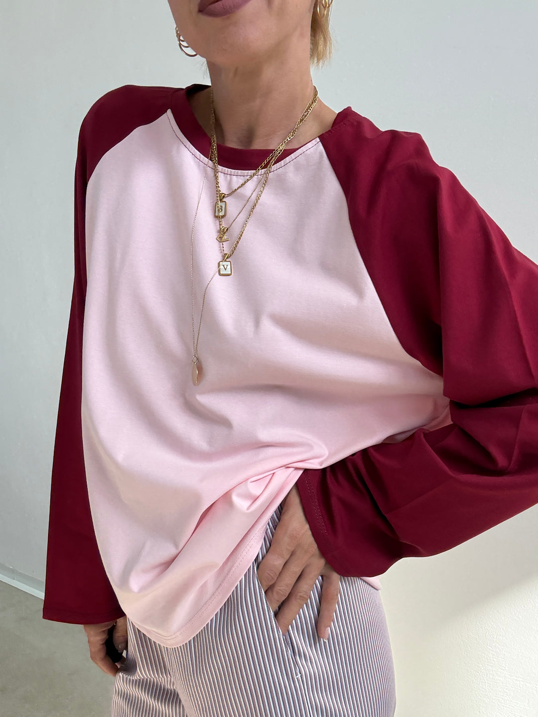 TSHIRT BASEBALL BICOLORE LAMPONE/ROSA