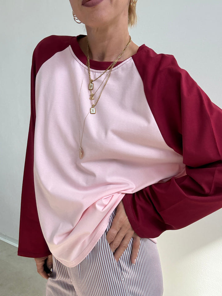 TSHIRT BASEBALL BICOLORE LAMPONE/ROSA