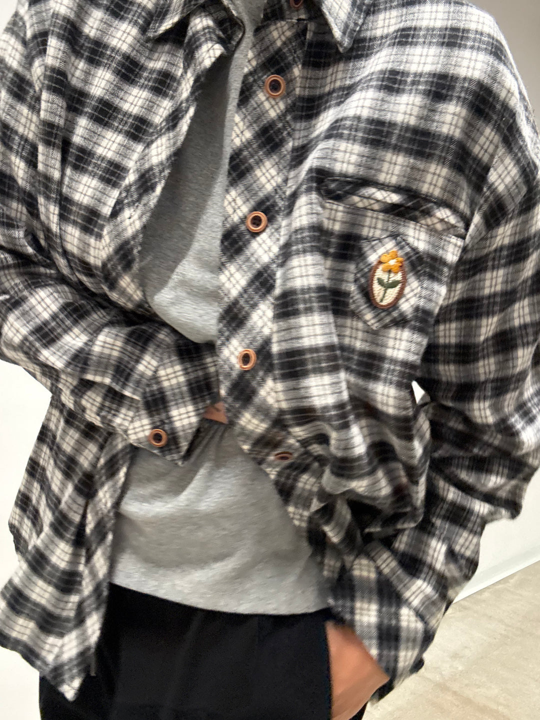 CAMICIA PATCH SCACCO BIANCO NERO flanella