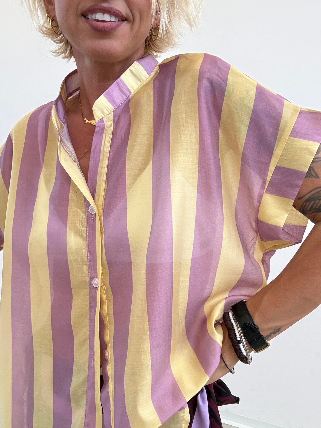 CAMICIA GIROMANICA RIGHE LILLA/GIALLO