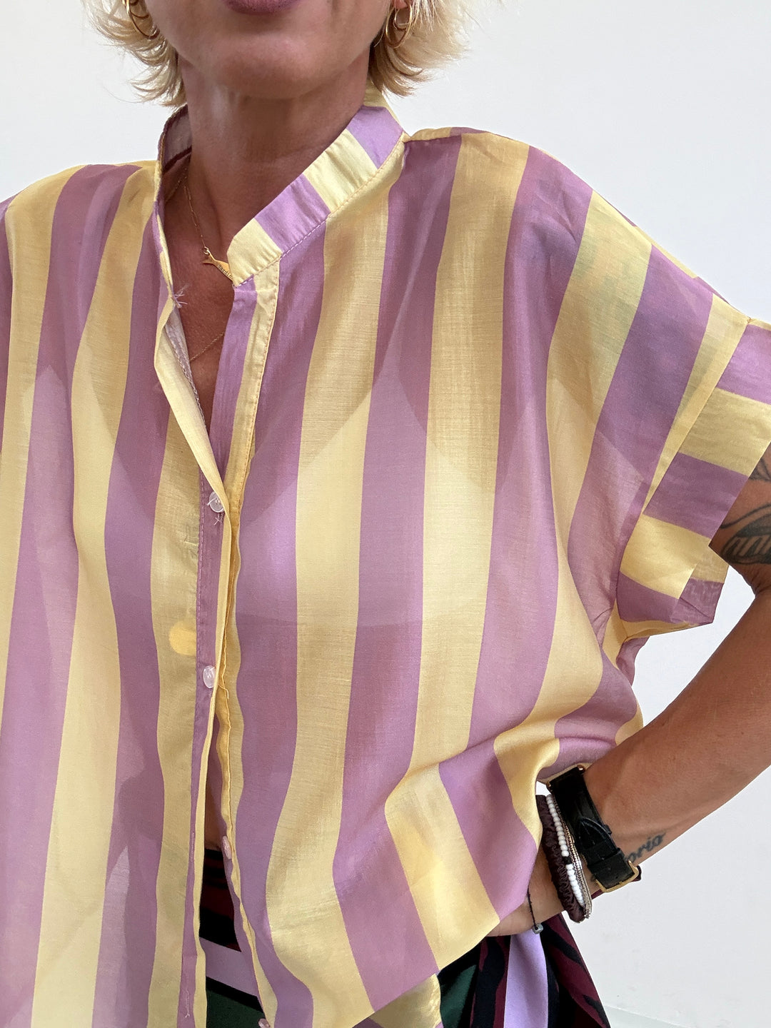 CAMICIA GIROMANICA RIGHE LILLA/GIALLO