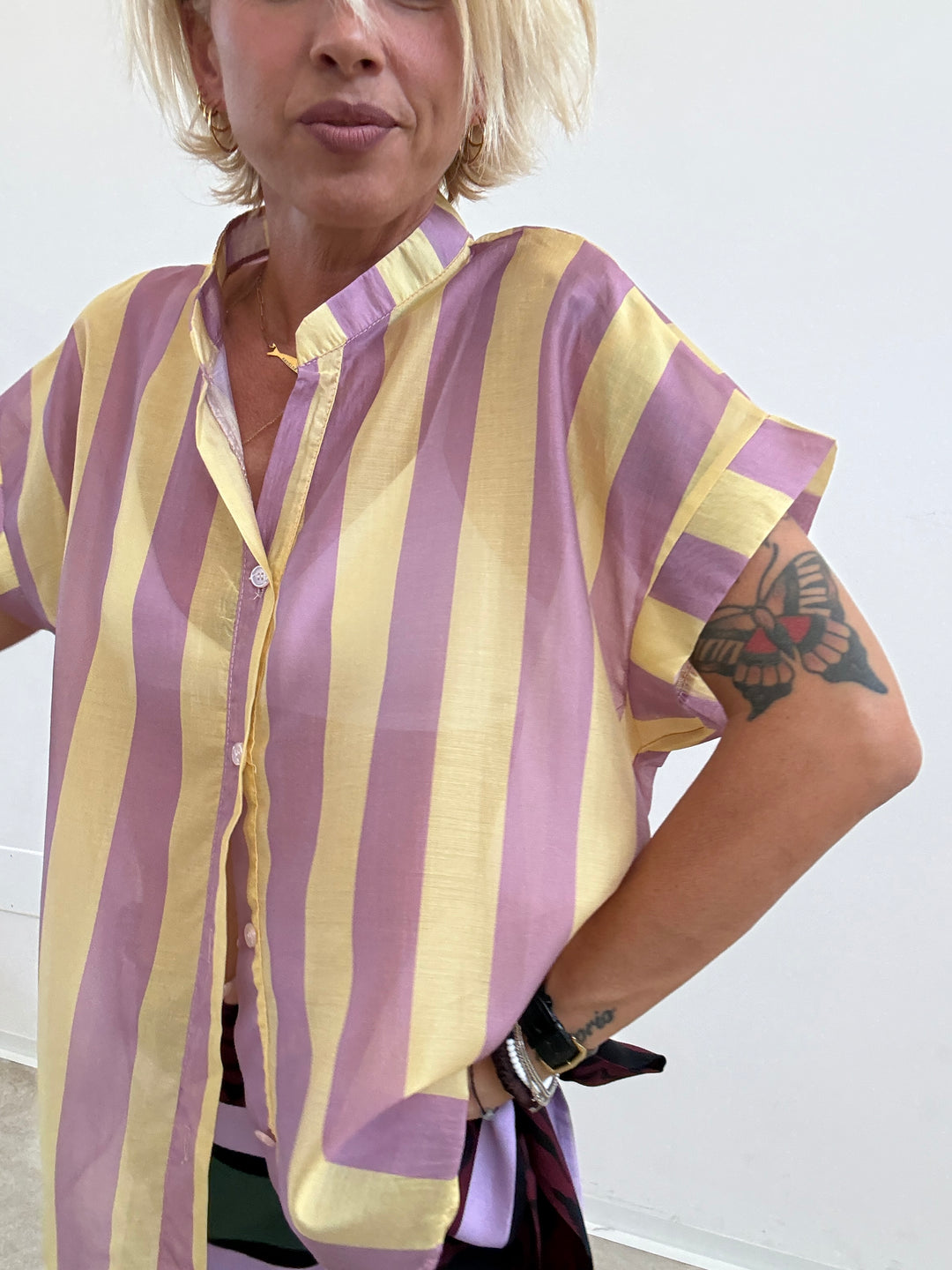 CAMICIA GIROMANICA RIGHE LILLA/GIALLO