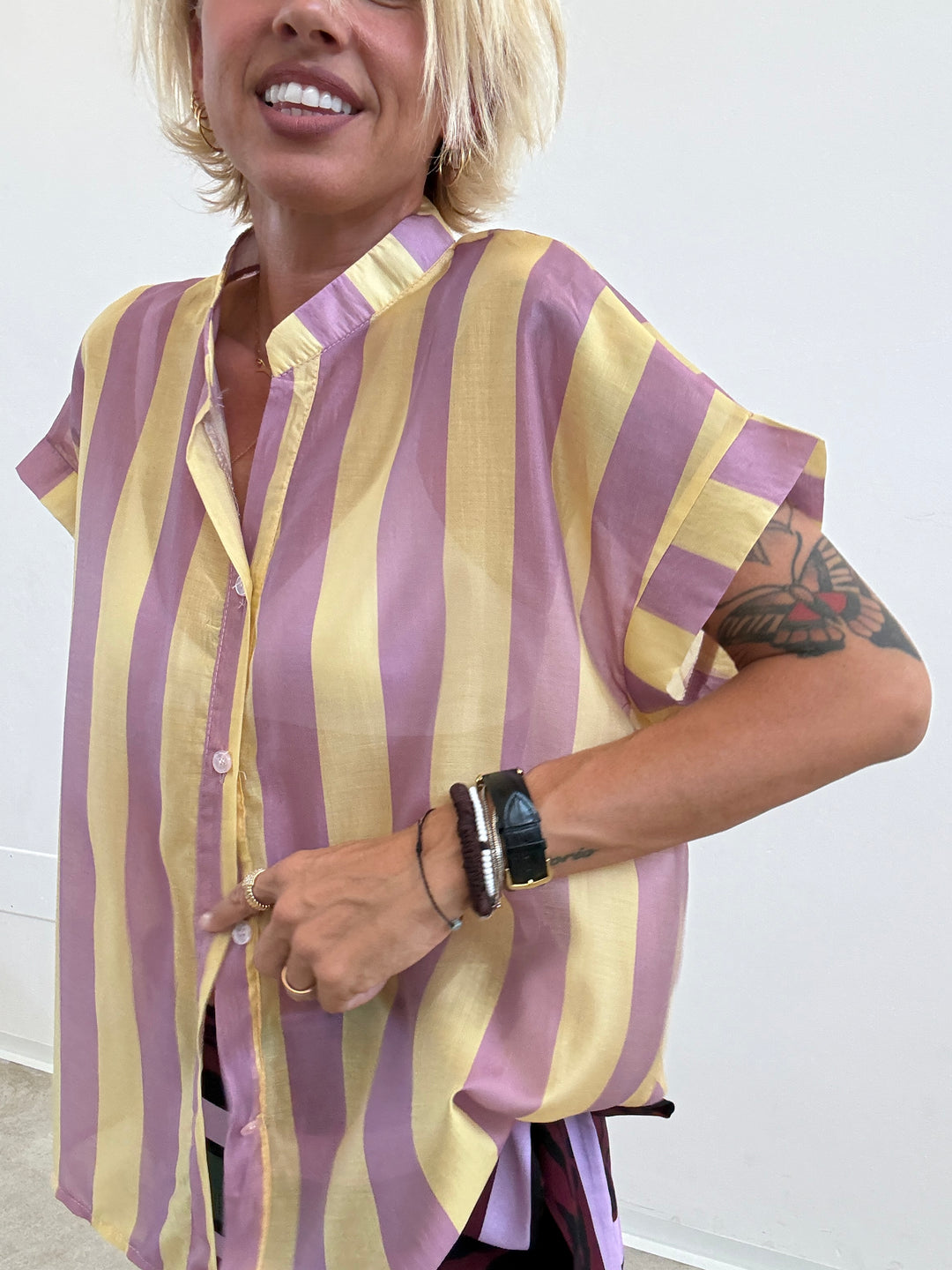 CAMICIA GIROMANICA RIGHE LILLA/GIALLO