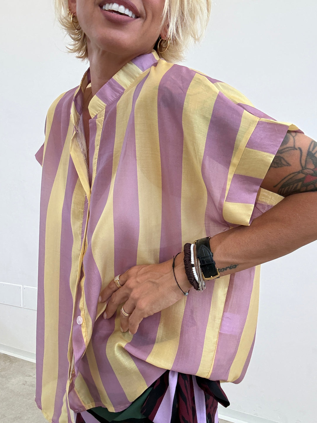 CAMICIA GIROMANICA RIGHE LILLA/GIALLO