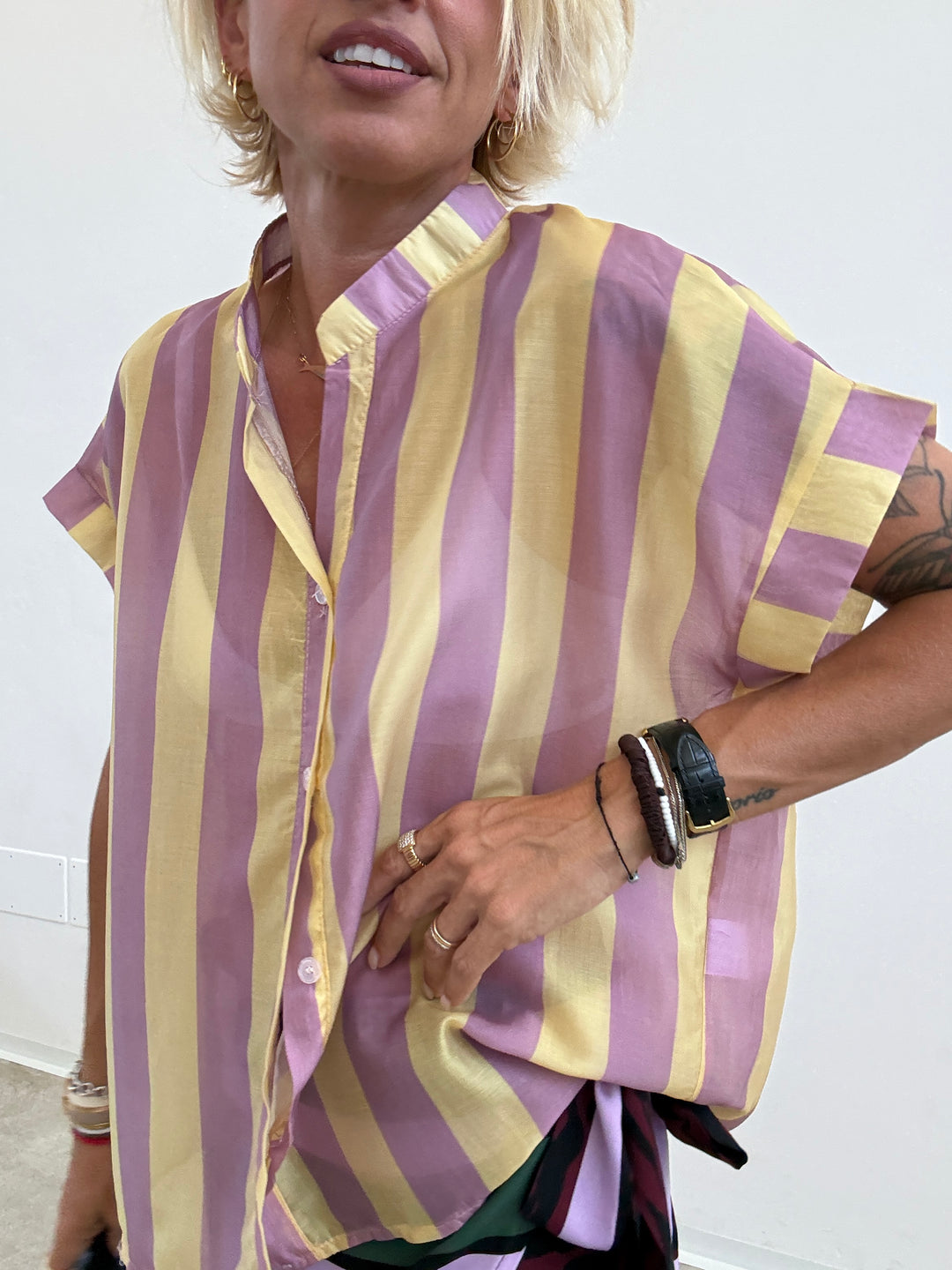 CAMICIA GIROMANICA RIGHE LILLA/GIALLO