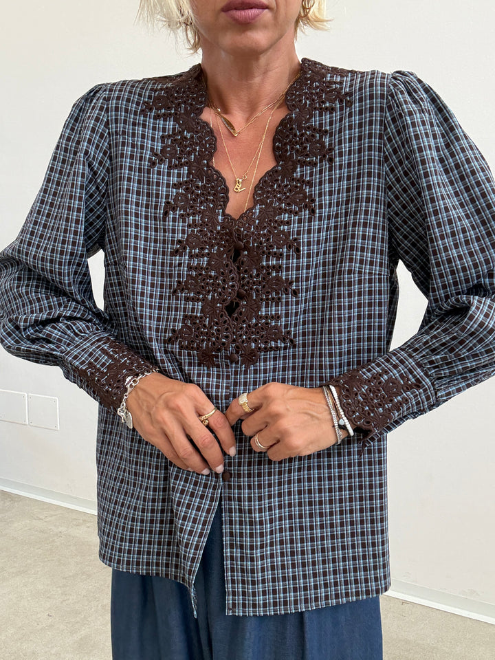 CAMICIA RICAMI CHECK CIOCCO/AVIO