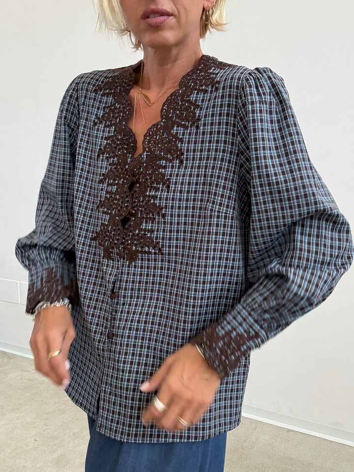 CAMICIA RICAMI CHECK CIOCCO/AVIO