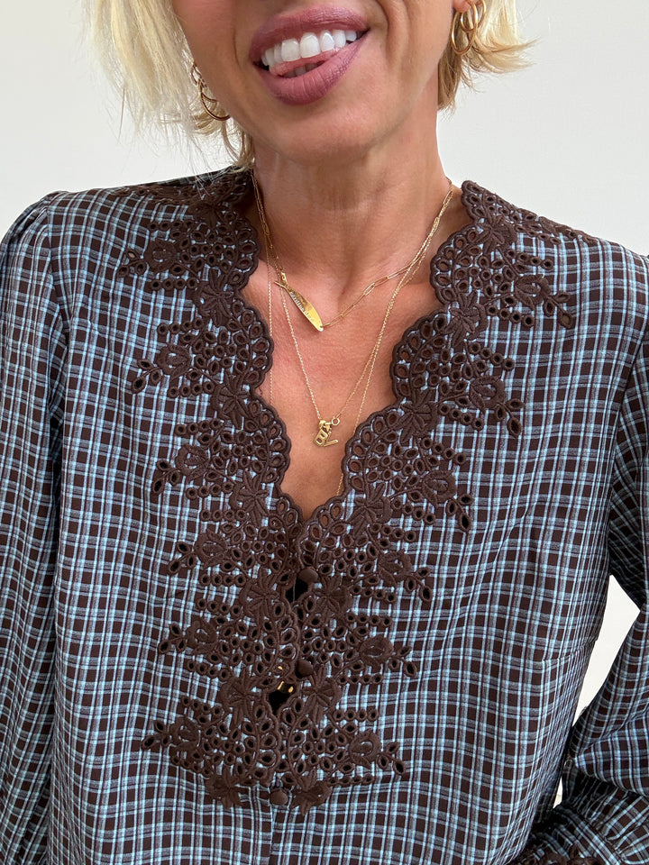 CAMICIA RICAMI CHECK CIOCCO/AVIO