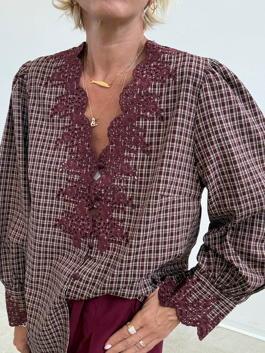 CAMICIA RICAMI CHECK BORGOGNA/BEIGE