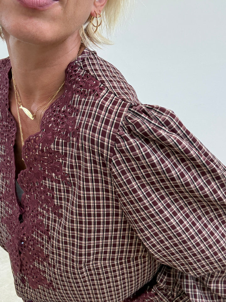 CAMICIA RICAMI CHECK BORGOGNA/BEIGE