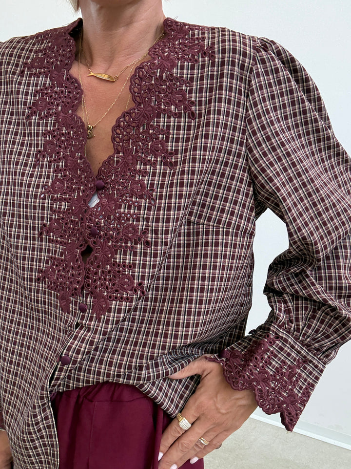CAMICIA RICAMI CHECK BORGOGNA/BEIGE