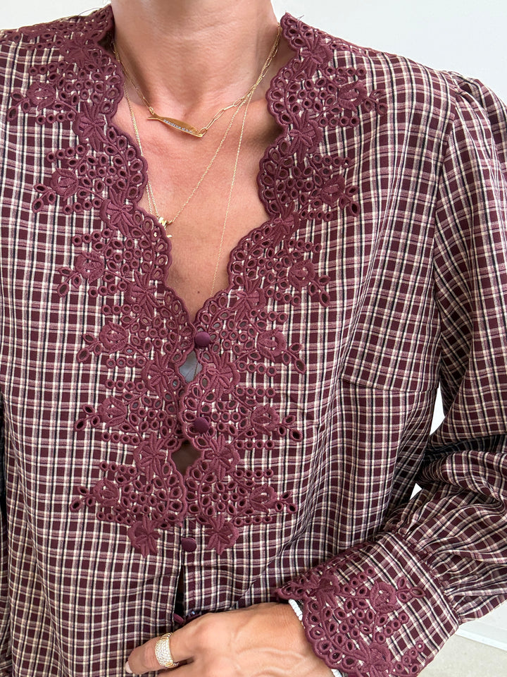 CAMICIA RICAMI CHECK BORGOGNA/BEIGE