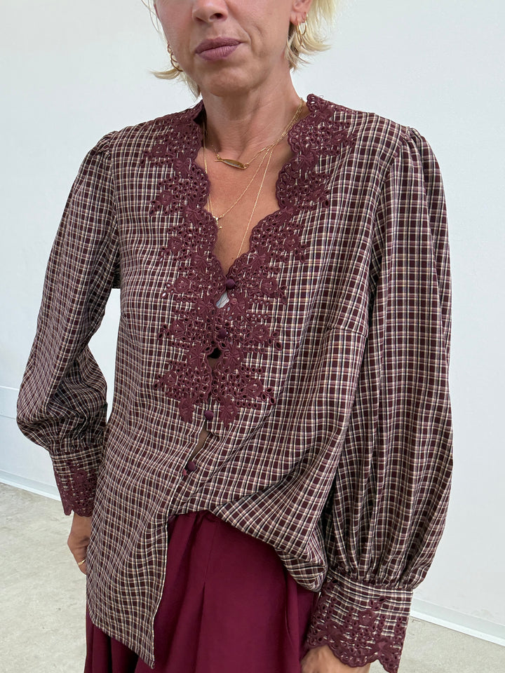 CAMICIA RICAMI CHECK BORGOGNA/BEIGE