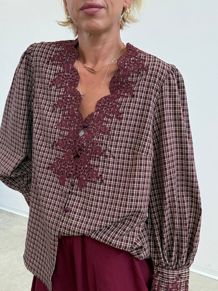 CAMICIA RICAMI CHECK BORGOGNA/BEIGE