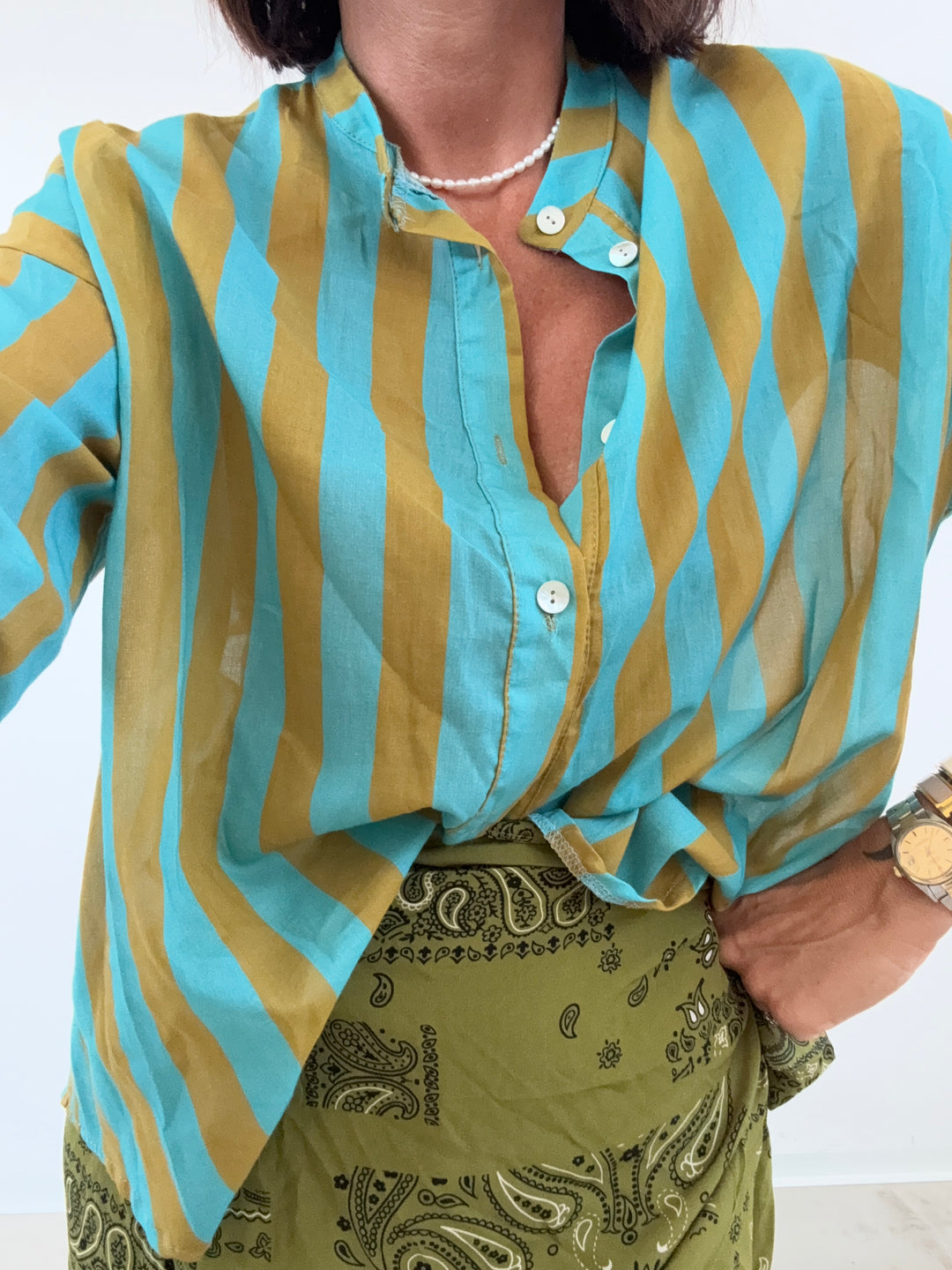 CAMICIA HELEN RIGHE ACQUAMARE/OLIVA