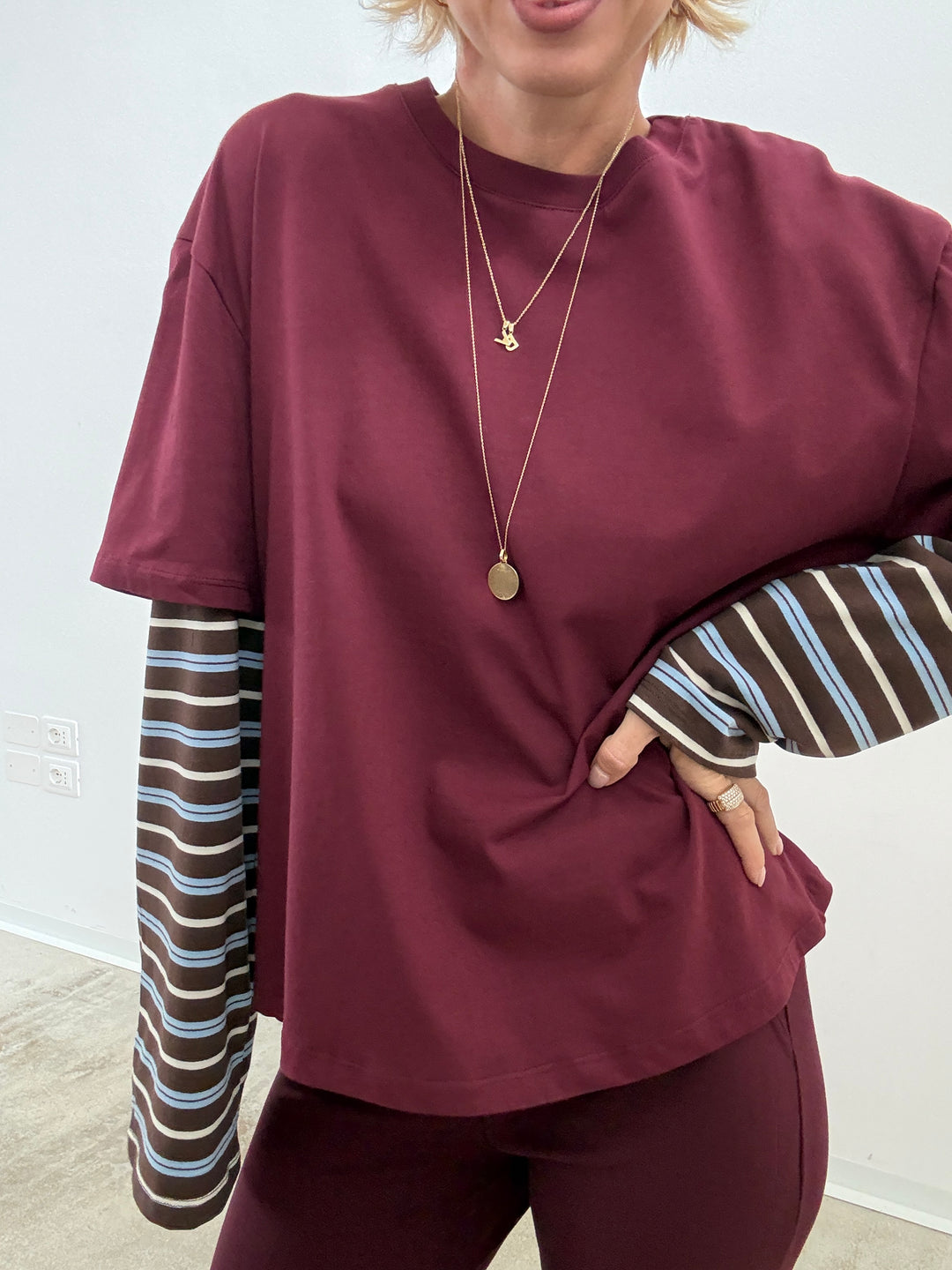 TSHIRT MANICA A RIGHE VINO