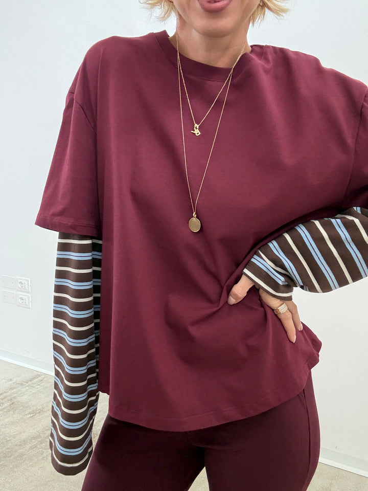 TSHIRT MANICA A RIGHE VINO