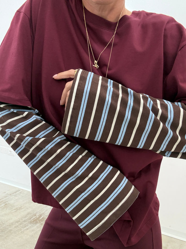 TSHIRT MANICA A RIGHE VINO