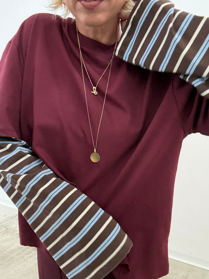TSHIRT MANICA A RIGHE VINO