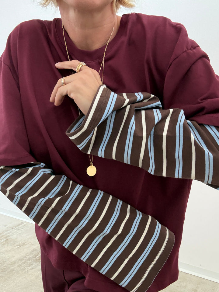 TSHIRT MANICA A RIGHE VINO