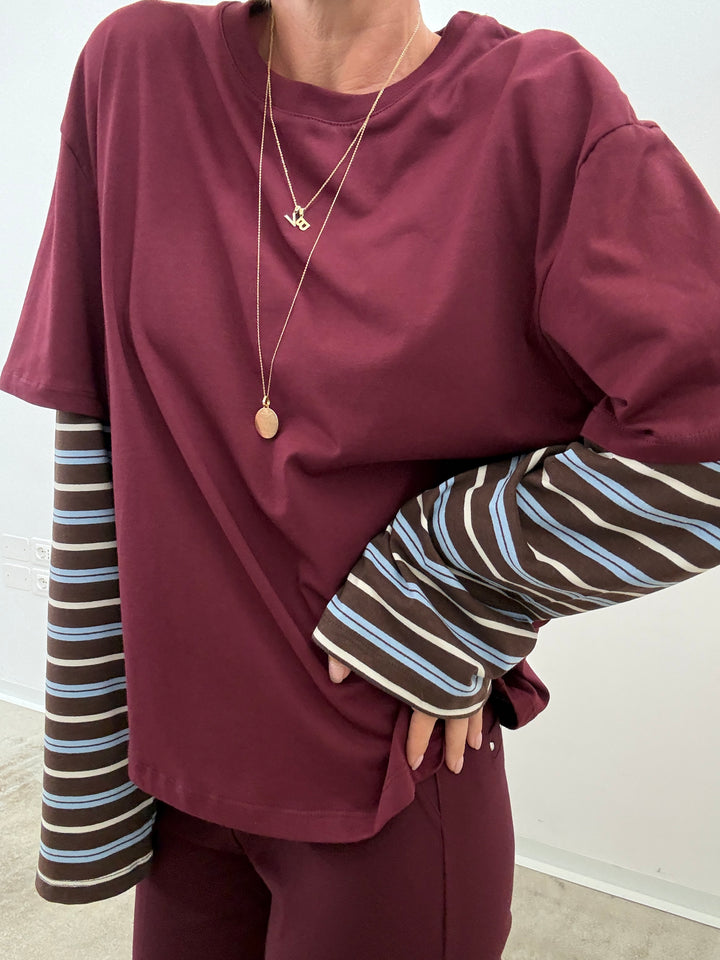 TSHIRT MANICA A RIGHE VINO