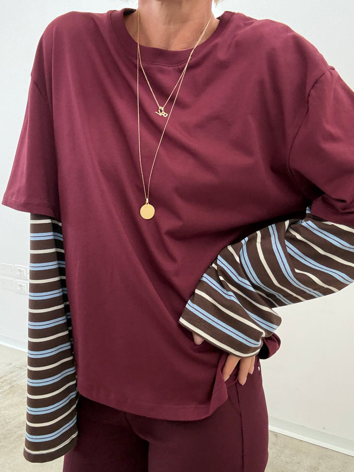 TSHIRT MANICA A RIGHE VINO