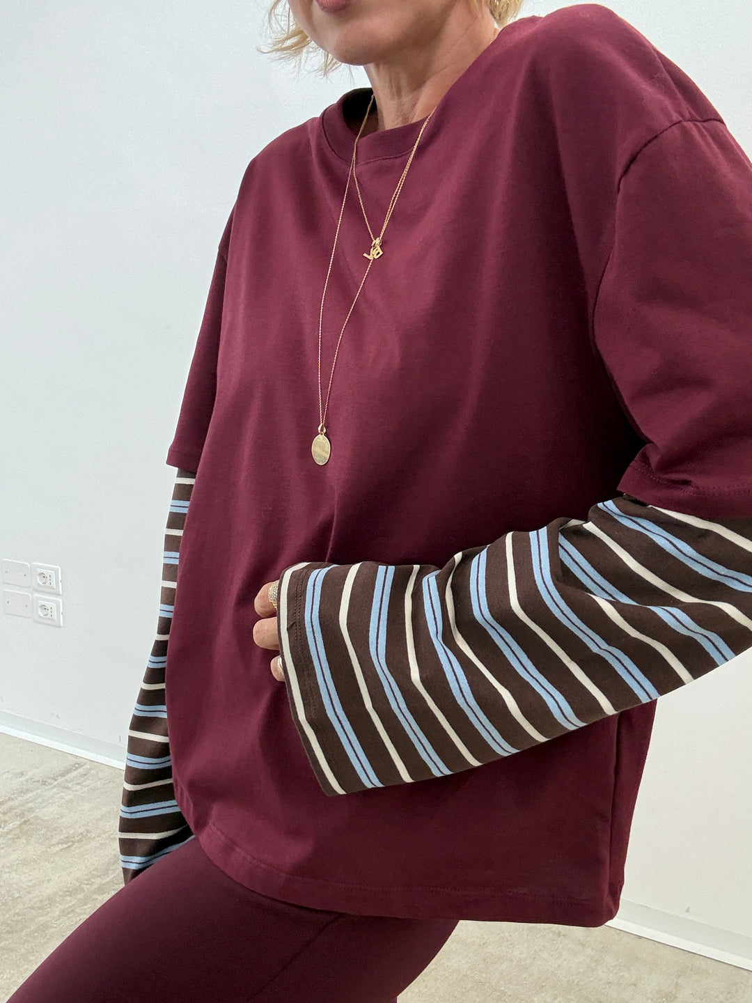 TSHIRT MANICA A RIGHE VINO