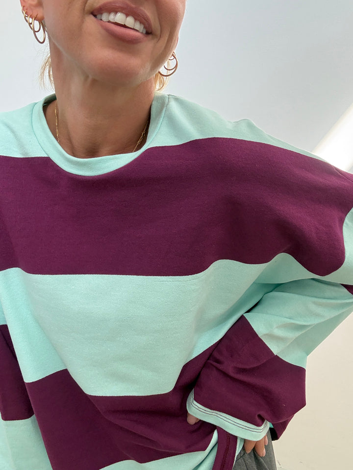 TSHIRT MAXI RIGONE ACQUA/PRUGNA