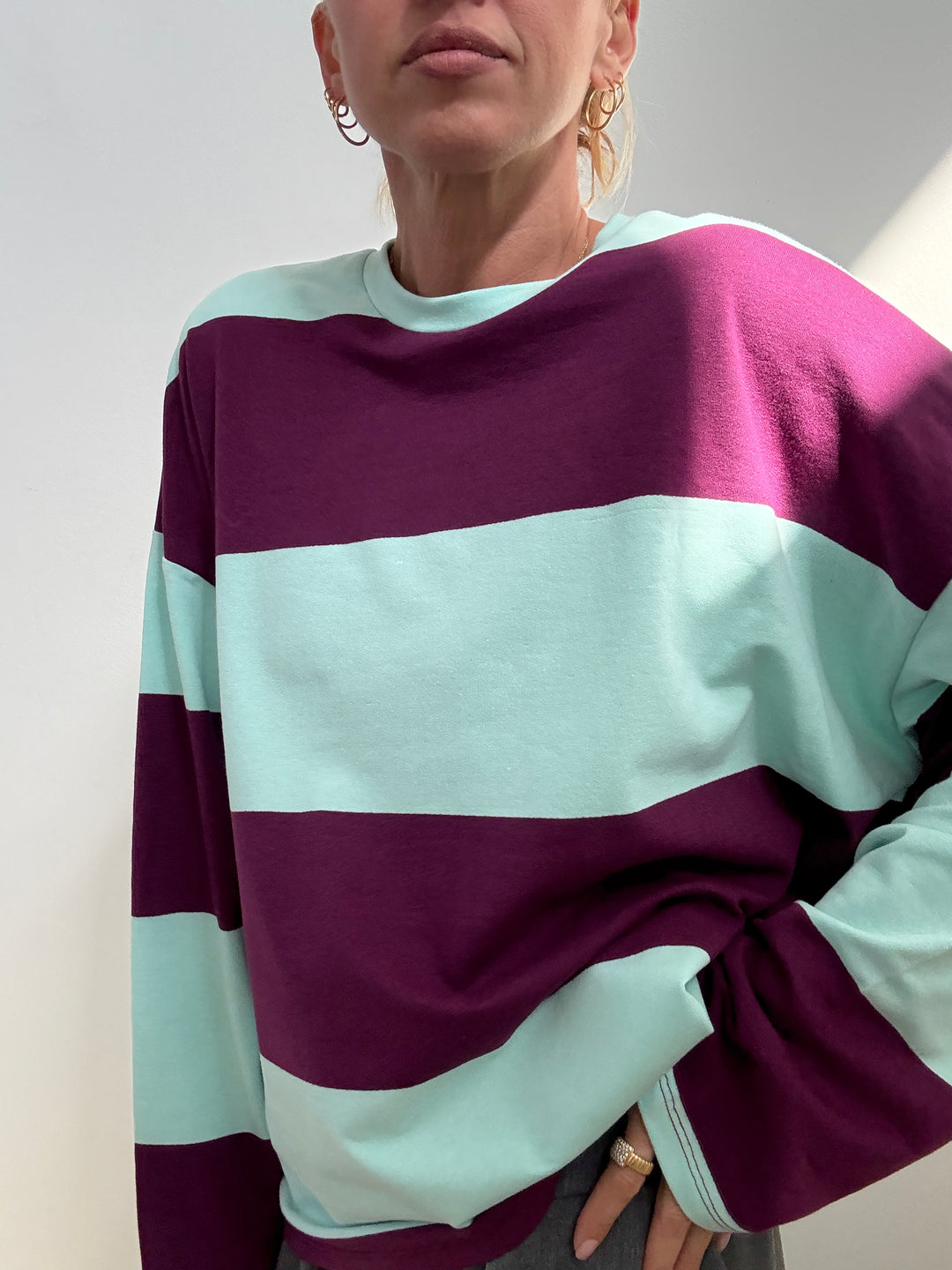 TSHIRT MAXI RIGONE ACQUA/PRUGNA