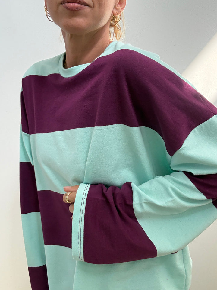 TSHIRT MAXI RIGONE ACQUA/PRUGNA