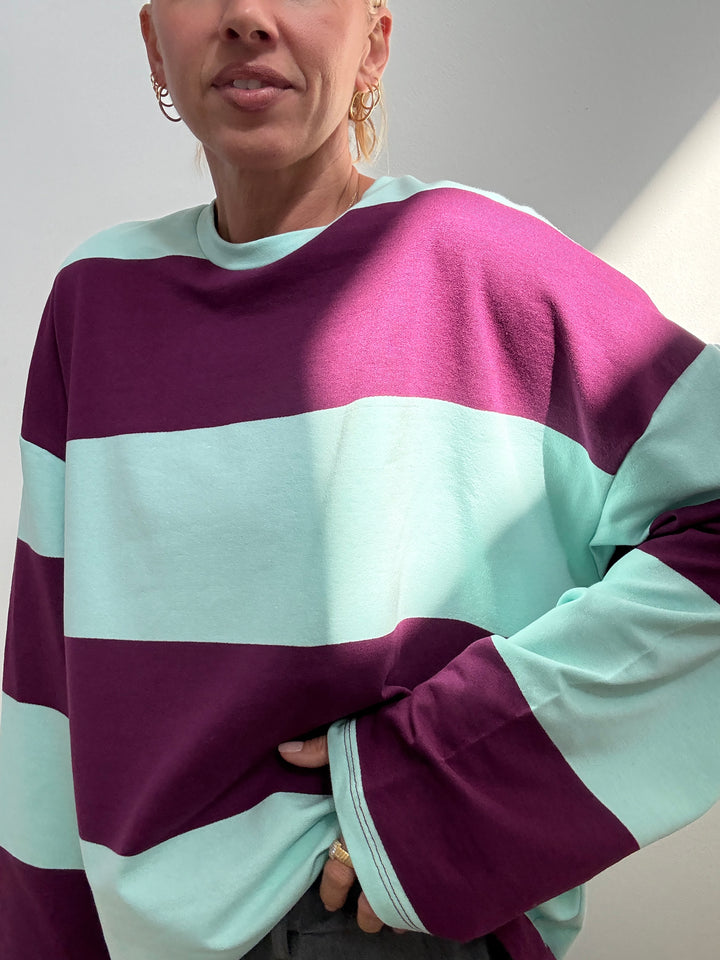 TSHIRT MAXI RIGONE ACQUA/PRUGNA