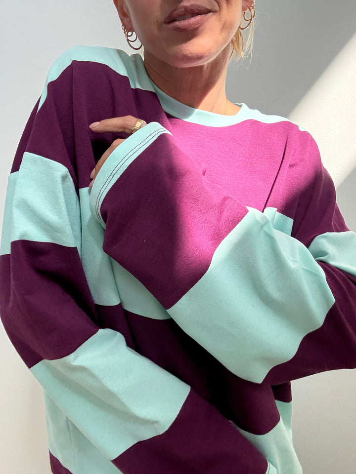 TSHIRT MAXI RIGONE ACQUA/PRUGNA