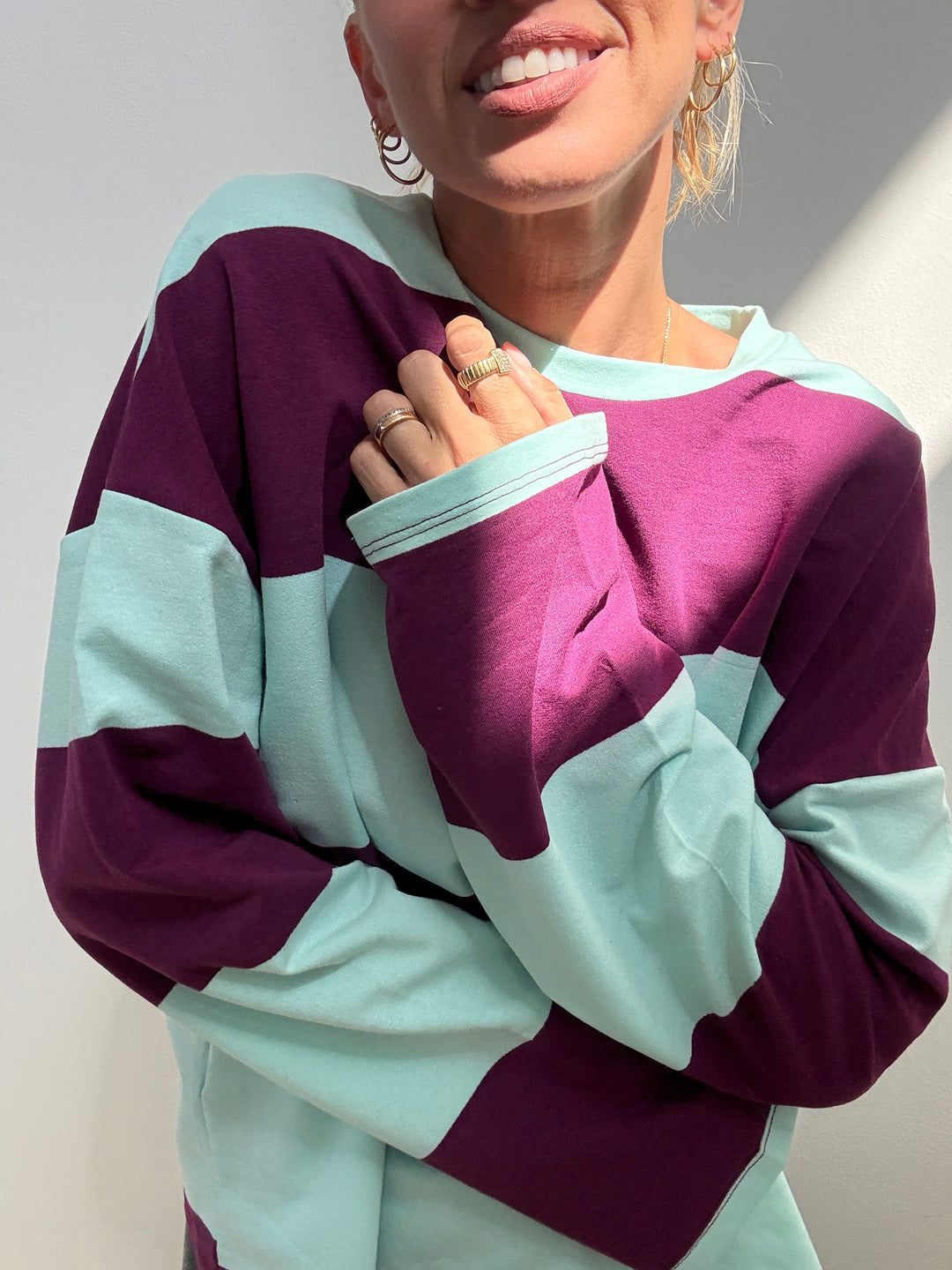 TSHIRT MAXI RIGONE ACQUA/PRUGNA