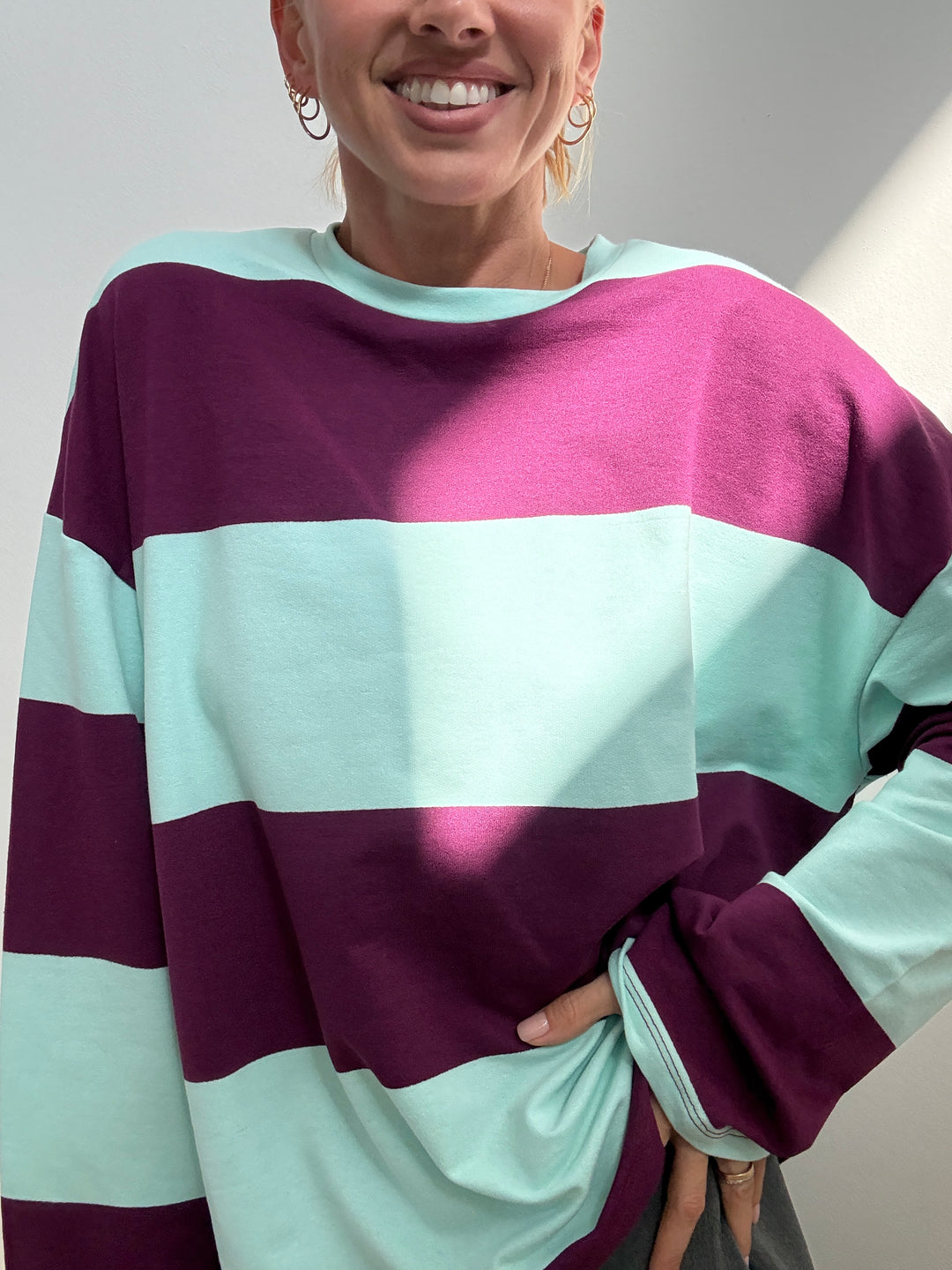 TSHIRT MAXI RIGONE ACQUA/PRUGNA