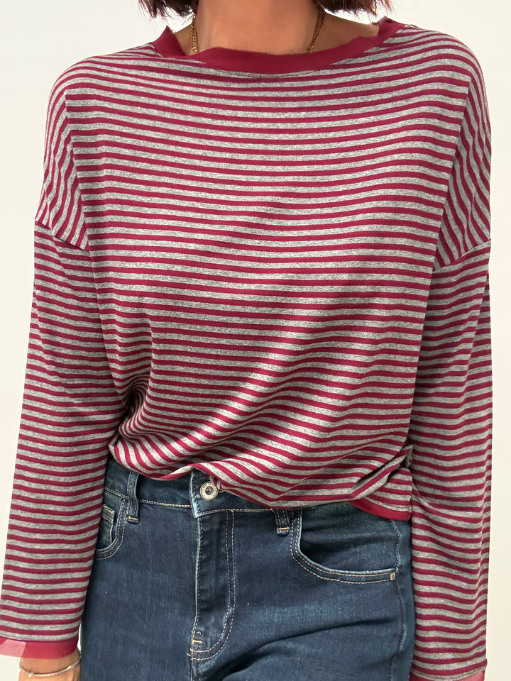 TSHIRT RIGHE ORGANZA BORDEAUX GRIGIO