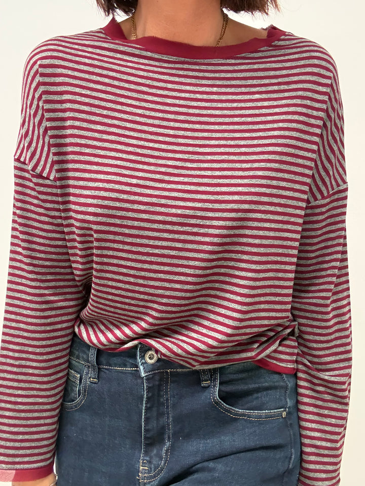 TSHIRT RIGHE ORGANZA BORDEAUX GRIGIO