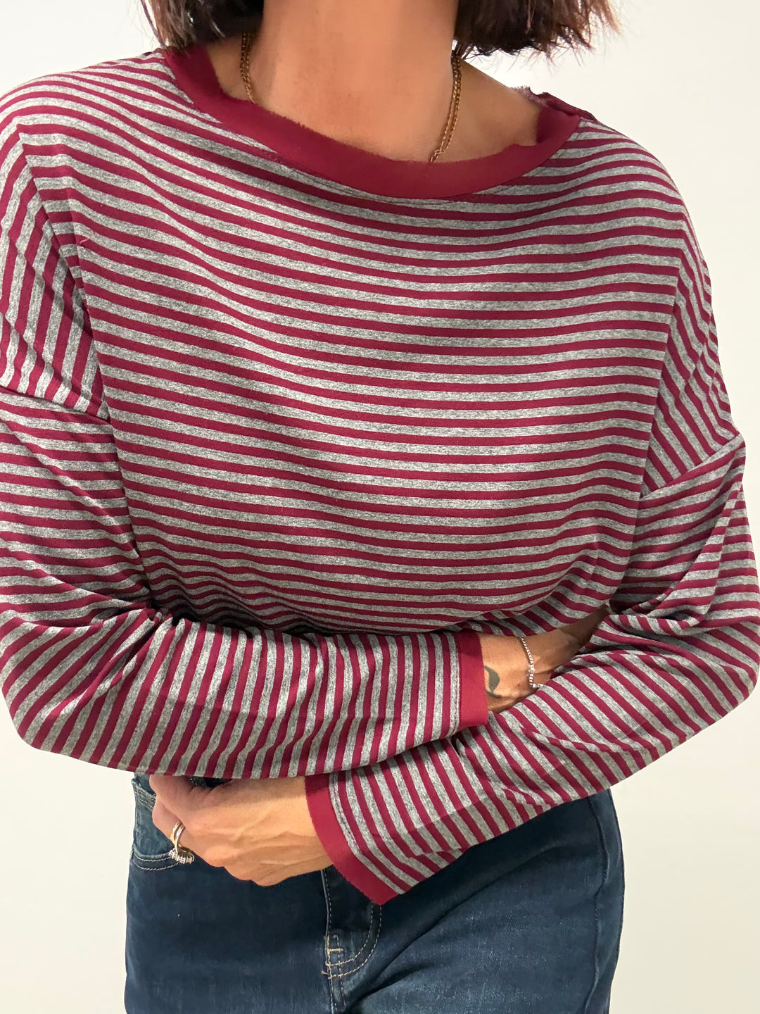 TSHIRT RIGHE ORGANZA BORDEAUX GRIGIO