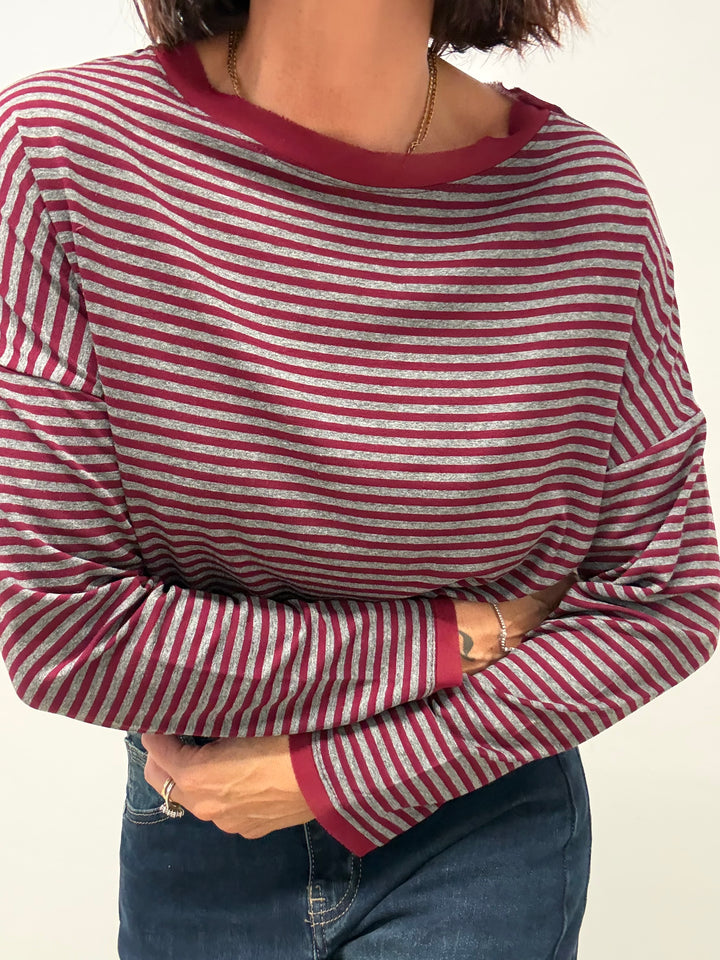 TSHIRT RIGHE ORGANZA BORDEAUX GRIGIO